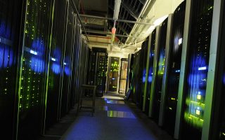 Secure server room with racks and lighting