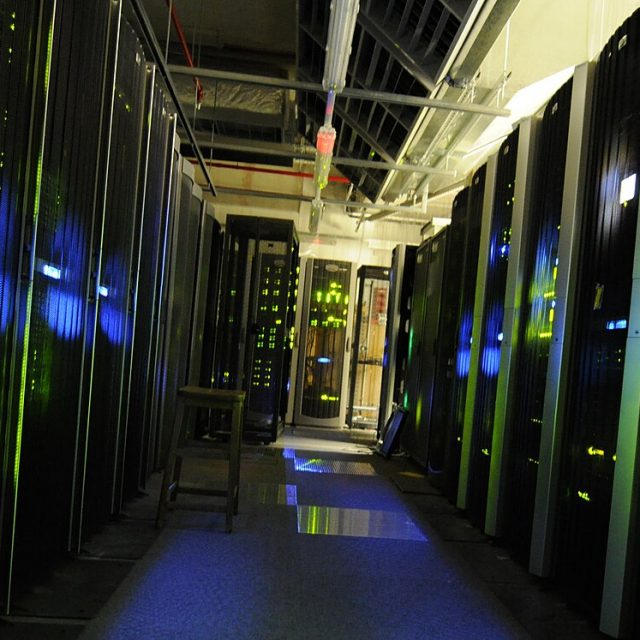 Secure server room with racks and lighting