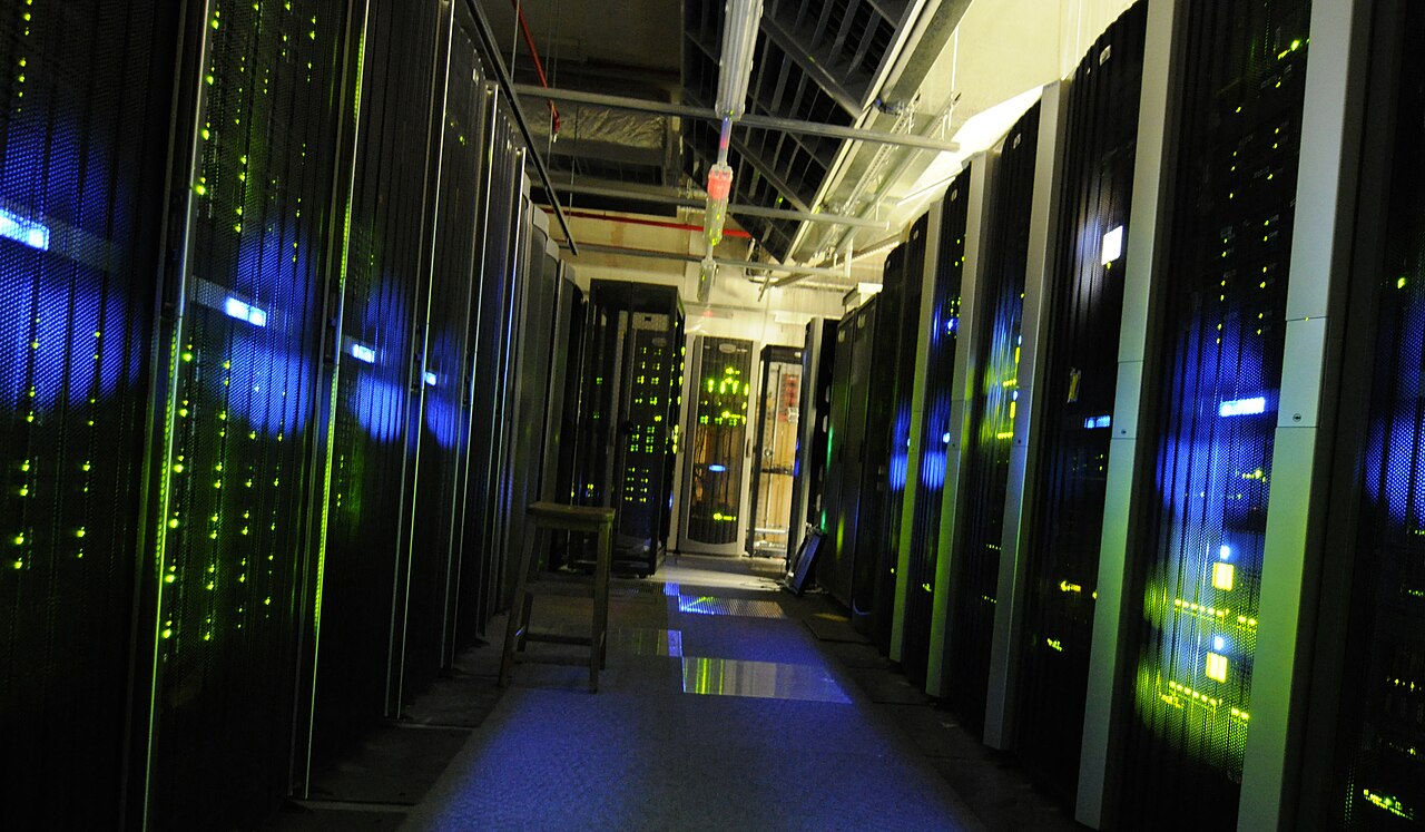 Secure server room with racks and lighting