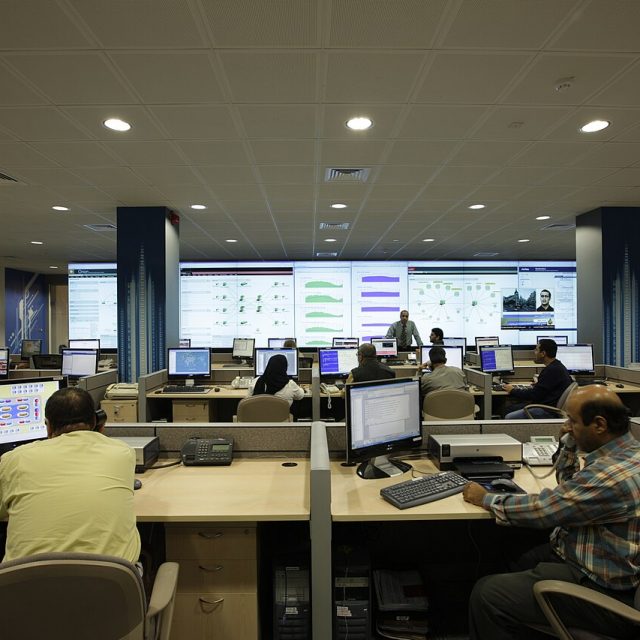 Network operations centre with a large monitoring wall