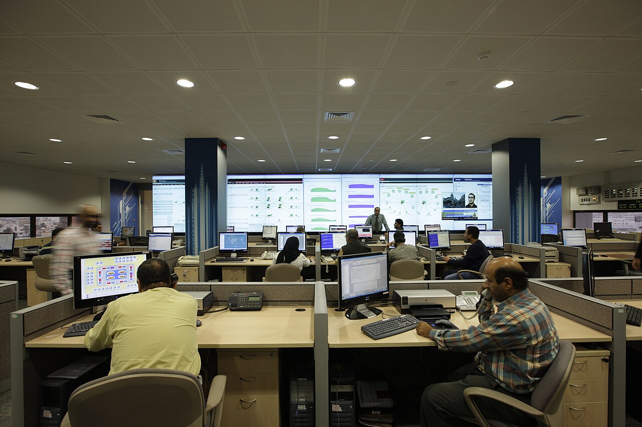 Network operations centre with a large monitoring wall