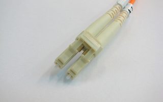 Close-up of an LC optical fiber connector