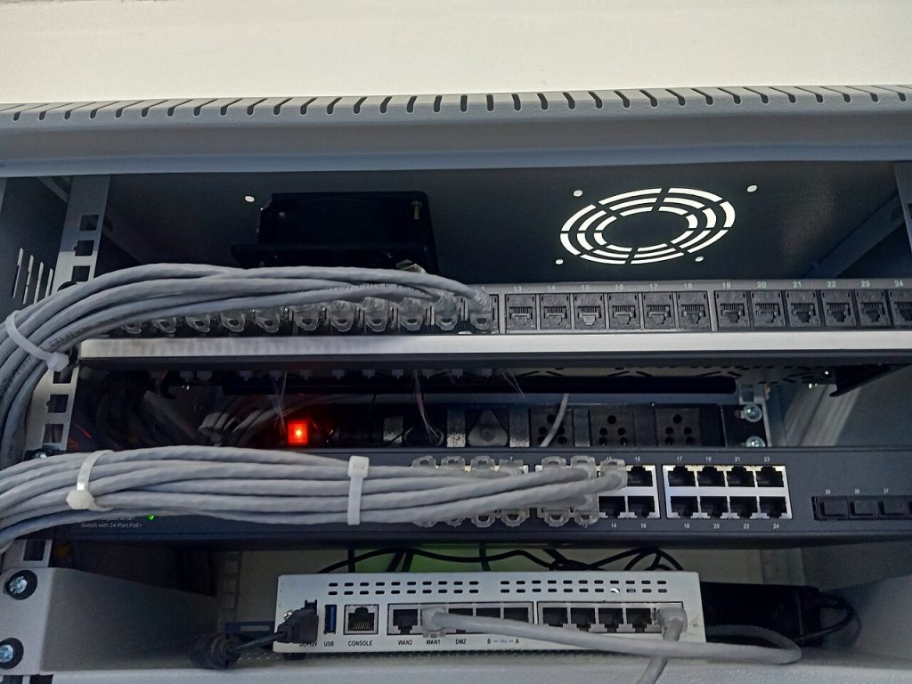 Neatly dressed networking rack with patch panels and switches