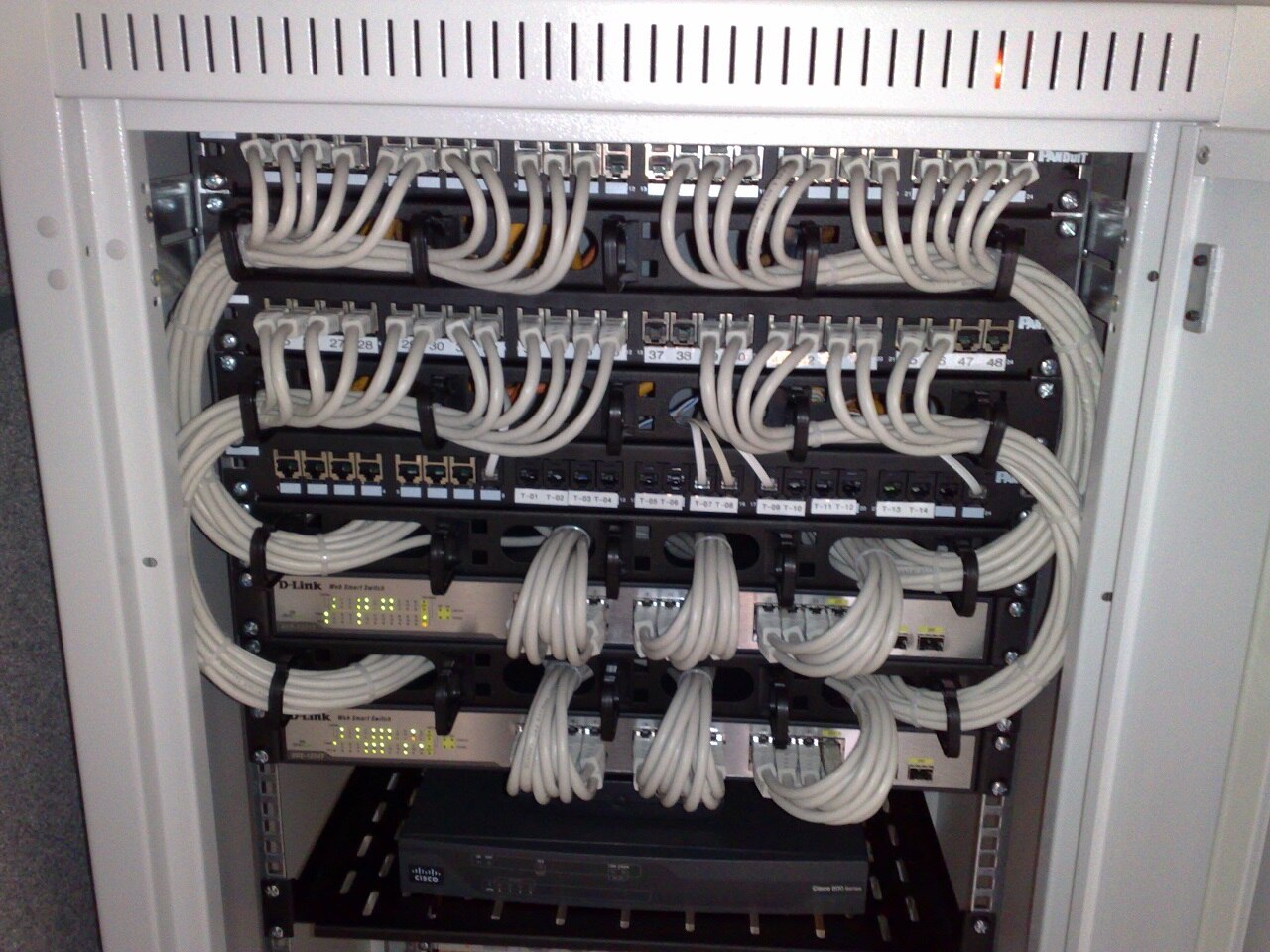 Rackmount Ethernet switches connected to patch panels