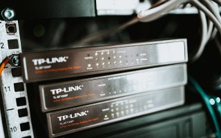 Network switches in a rack with status LEDs